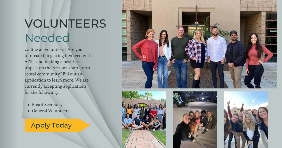 Image with four photos of the Arizonans for Responsible Tourism board with text stating Volunteers Needed 