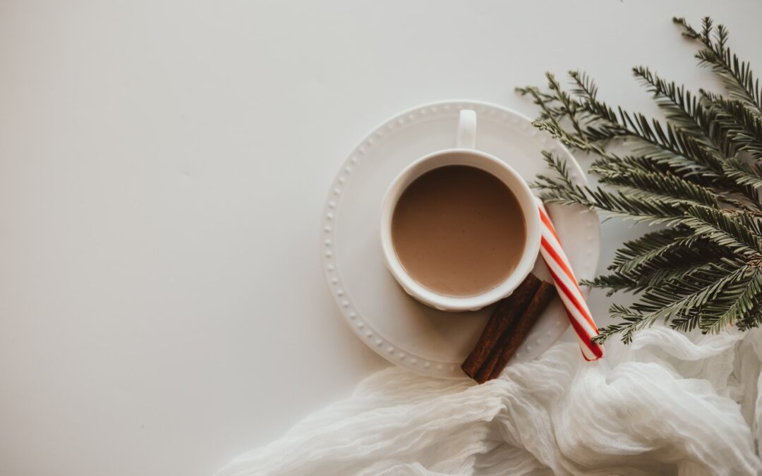 white tea cup and saucer next to a candy cane and evergreen branch on a white background